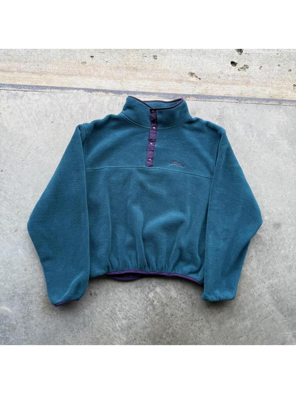 Vintage LL Bean women’s teal T snap fleece pullover size medium cropped fit
